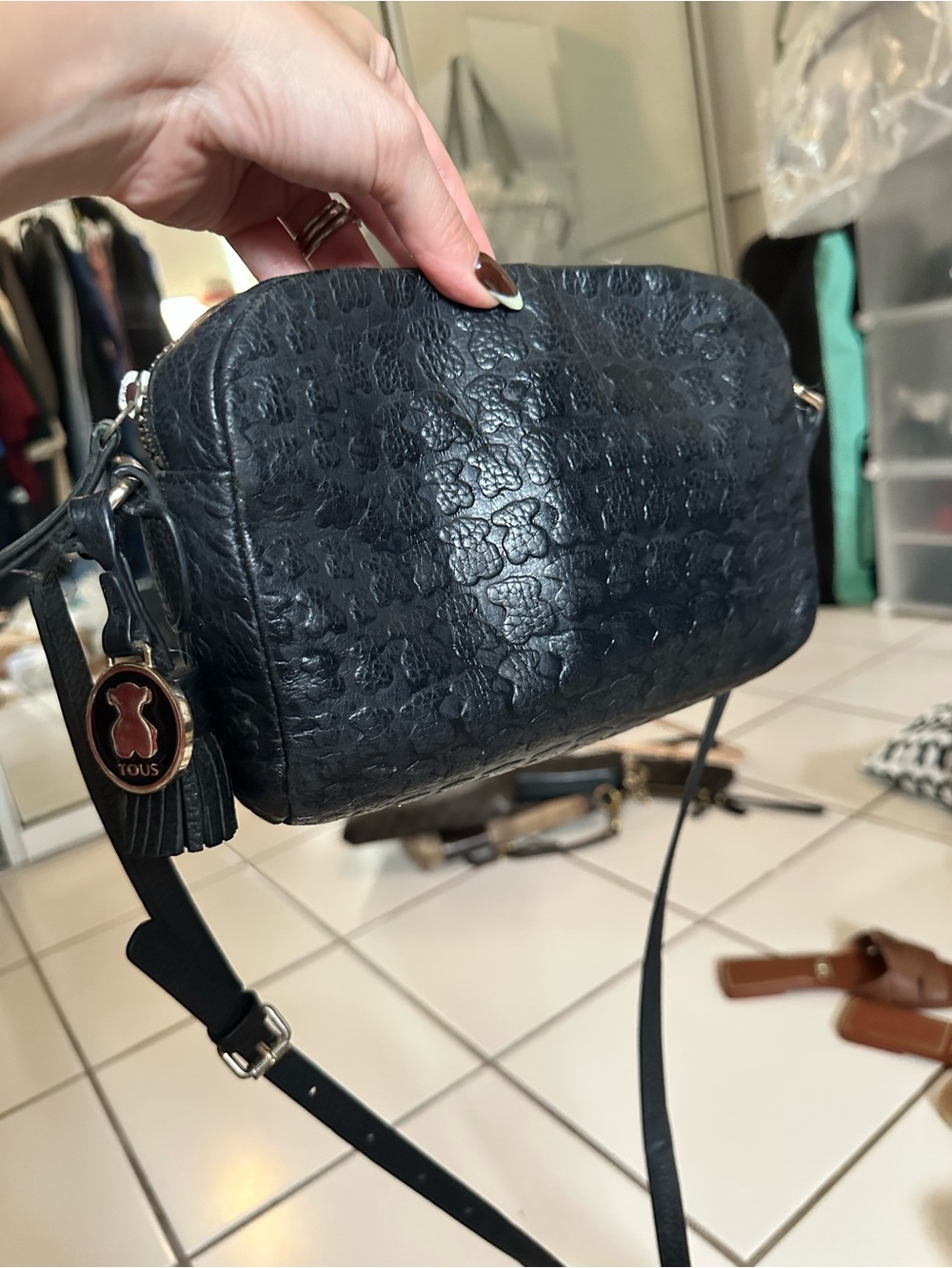TOUS Black Embossed Leather Crossbody Bag with Bear Charm